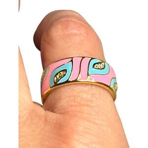 Enamel Leaf and Crystals Boho Ring Adjustable Size 6 3/4 Pink and Aqua